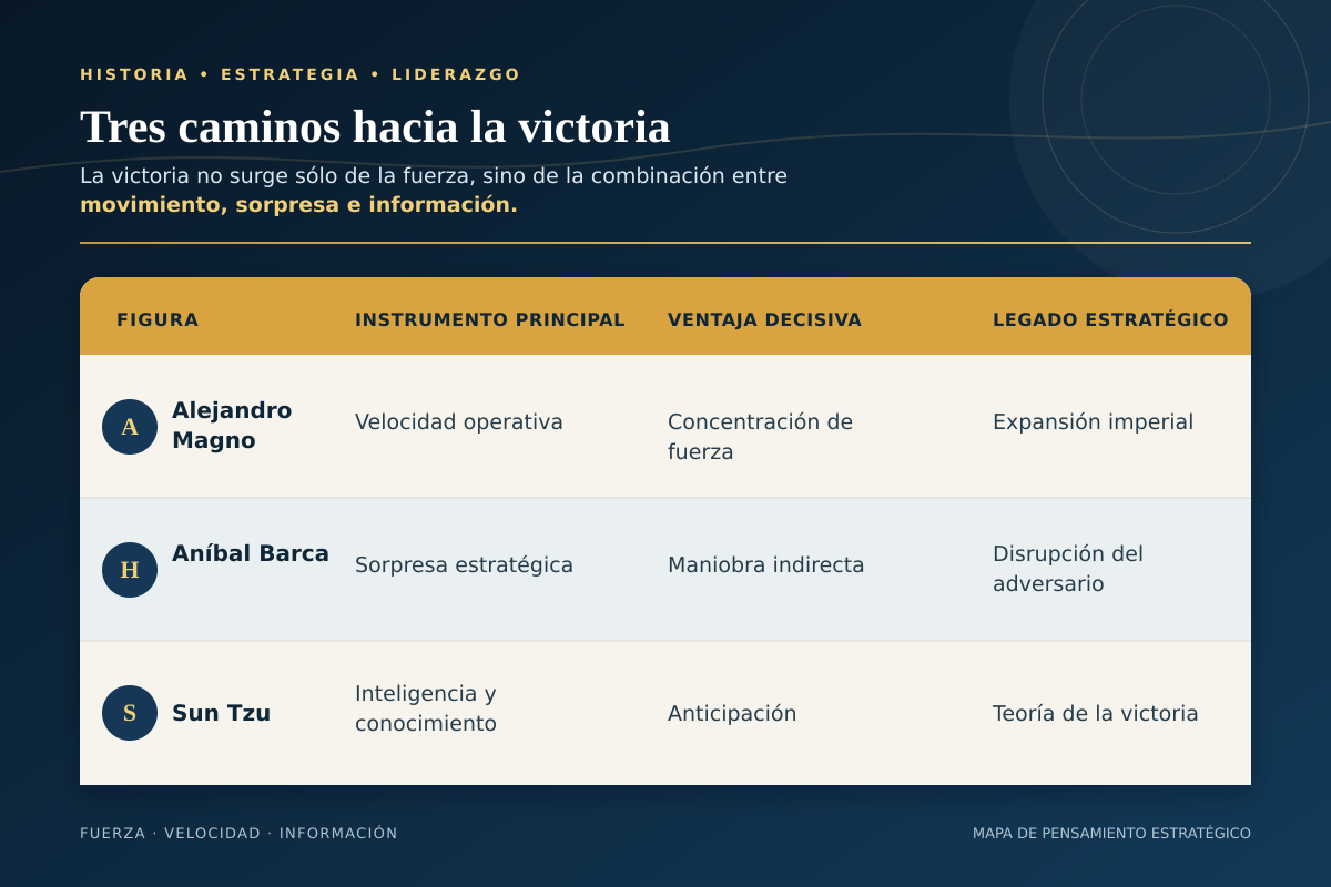 Tabla conceptual y comparativa sobre la estrategia de Alejandro, Aníbal y Sun Tzu para alcanzar la victoria.