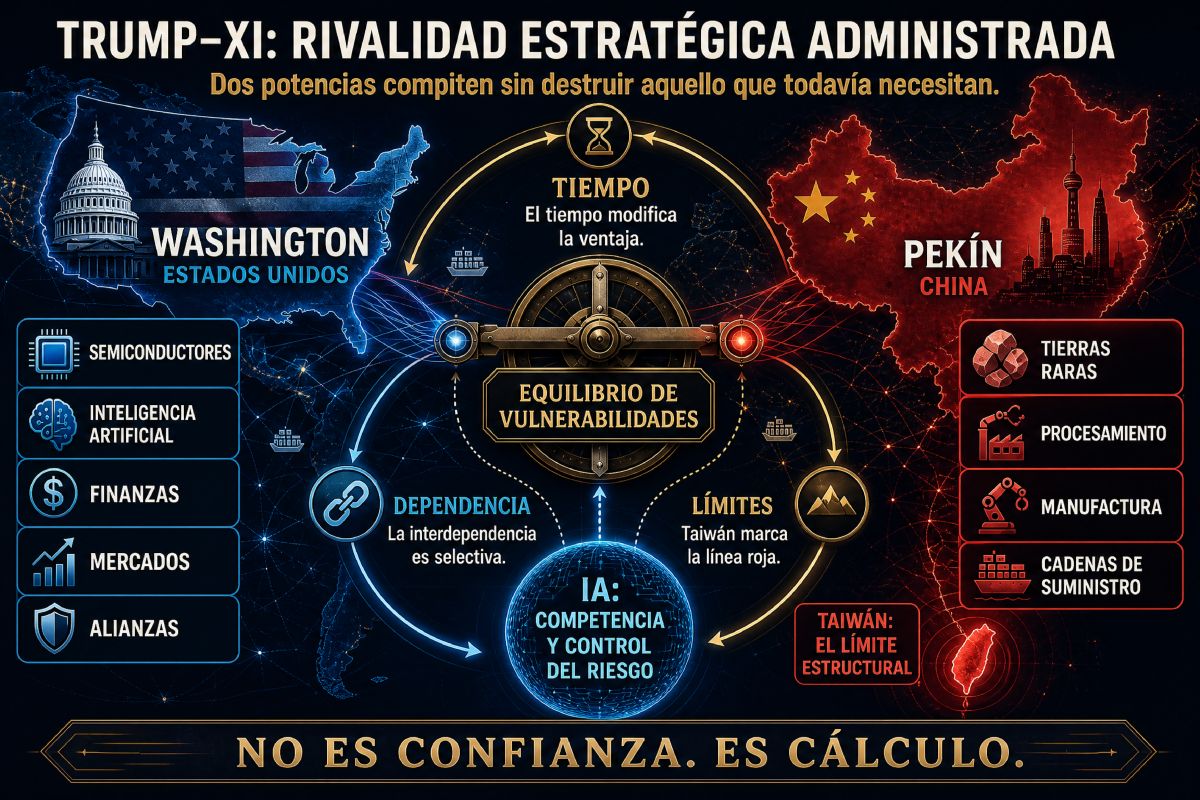 Infografía que ilustra la rivalidad estratégica administrativa entre los presidentes Donald Trump y Xi Jinping. 