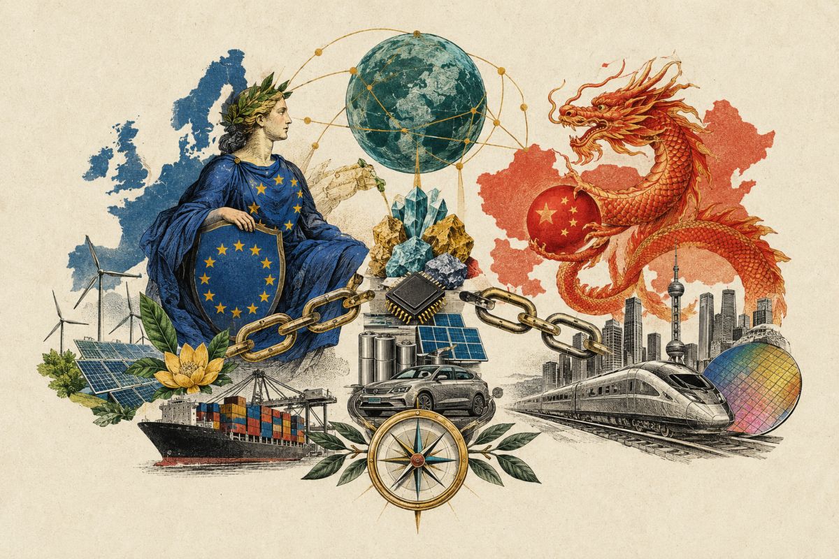 Imagen basada en conceptos geopolíticos, rica en símbolos, sobre cadenas y tecnología entre China y Europa.