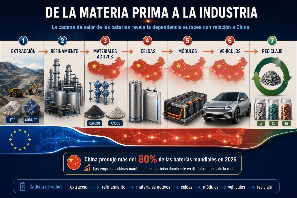 Infografía sobre el proceso de industria de las baterías. Ejemplo de dependencia europea con relación a China.