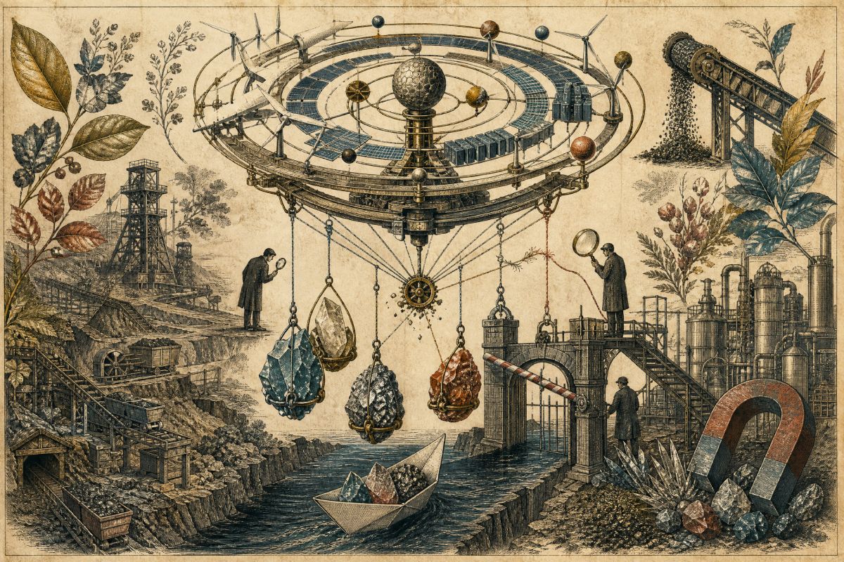 Ilustración con fondo marfil y estética de lámina científica. Representa el contexto materias primas y la dependencia oculta que condiciona el futuro europeo.