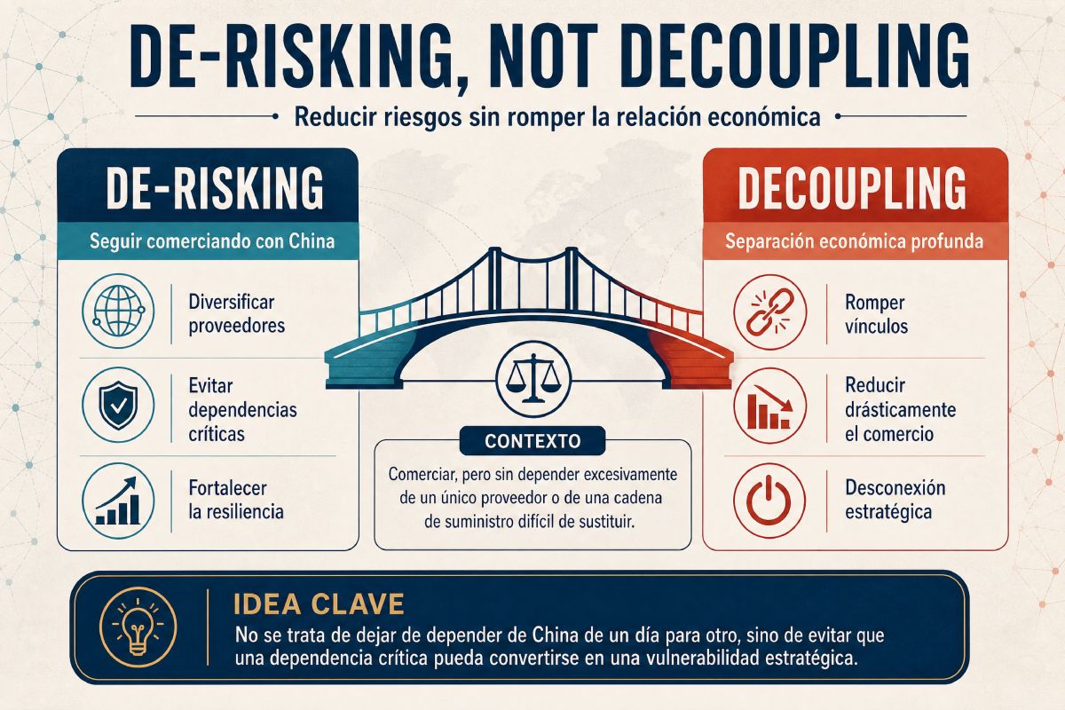 Ilustración conceptual sobre los conceptos de-risking, not decoupling. Reducción de riesgos sin romper relaciones económicas.