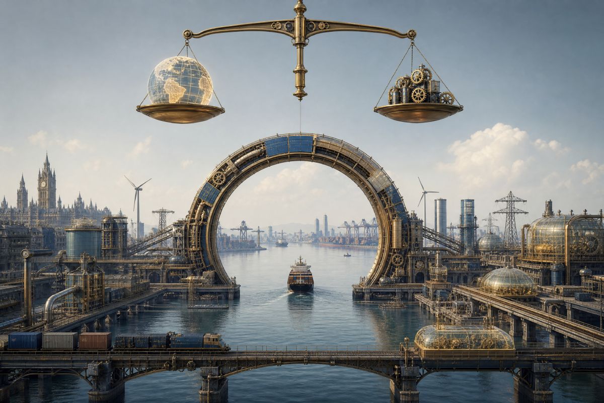 Composición en formato 3:2, con estética surrealista industrial neo-minimalista: un bucle mecánico de interdependencia conecta un puerto europeo y un puerto chino mediante engranajes, contenedores, energía e infraestructura ferroviaria.