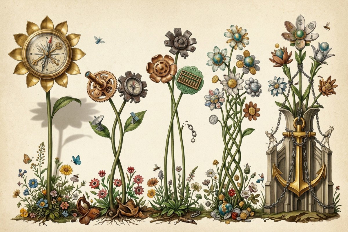 Un jardín de flores industriales de diferentes tamaños que representan los distintos polos de poder mundial en forma asimétrica.