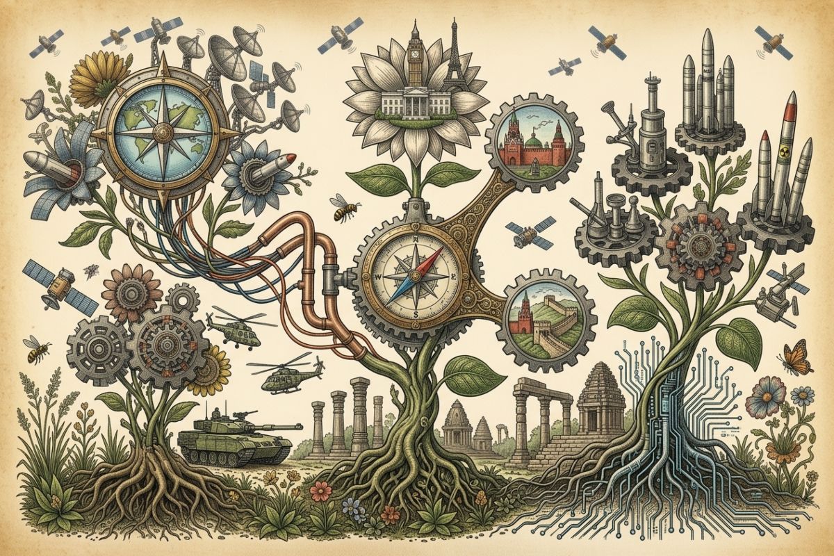 La ilustración representa a la India como cuarto polo de poder global abriendo la pregunta si este actor podría ser una potencia bisagra. Estilo surrealista y metafórico. 