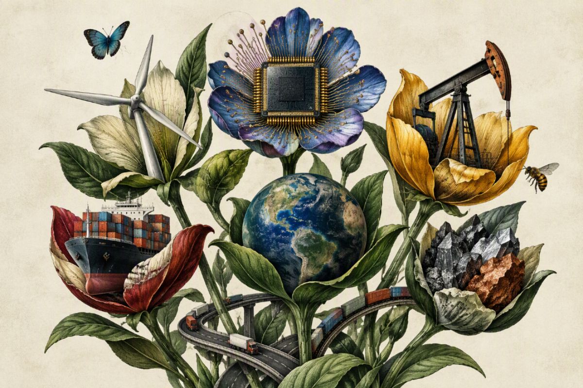 Ilustración botánica enciclopédica 3:2 sobre papel envejecido, simbólica y centrada en los nuevos vectores del poder global. 