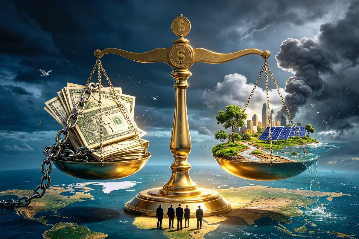 Geofinanzas. Ilustra tensiones entre deuda financiera y justicia climática. Una balanza con dinero y efectos del cambio climático sobre el planeta.