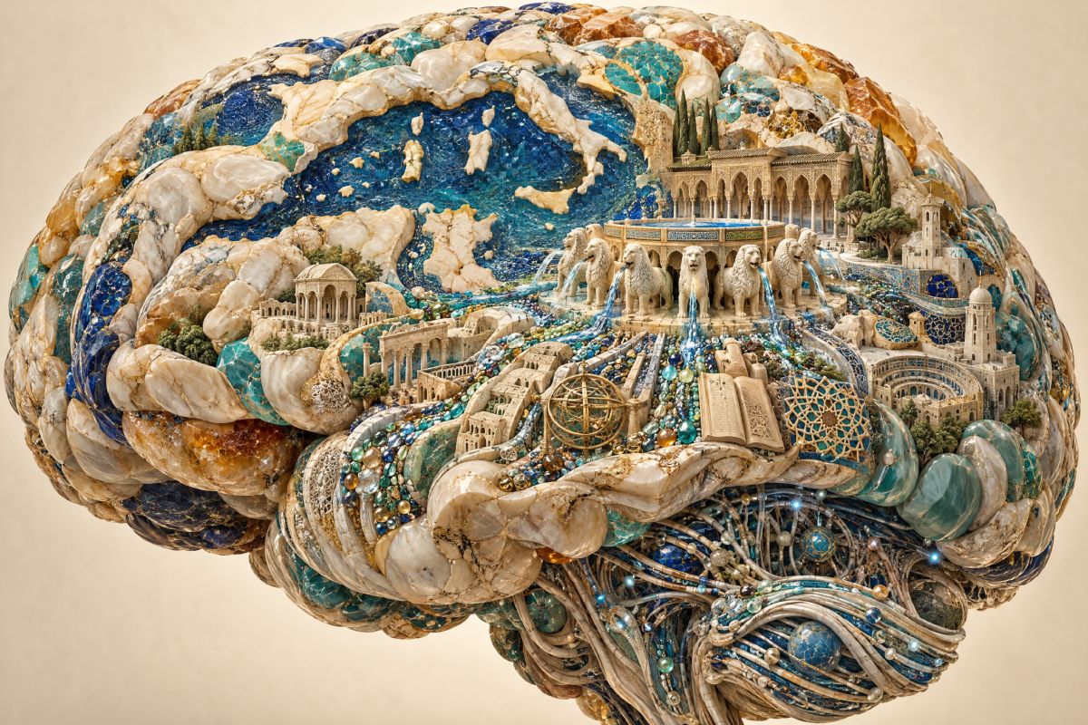 Obra maestra hiperrealista en formato 3:2 horizontal. Fondo marfil puro, minimalista y elegante. Un gigantesco cerebro tridimensional suspendido en el vacío, construido enteramente con millones de piedras pulidas, mármol, alabastro, cuarzo, jade, ámbar, turquesa y lapislázuli.