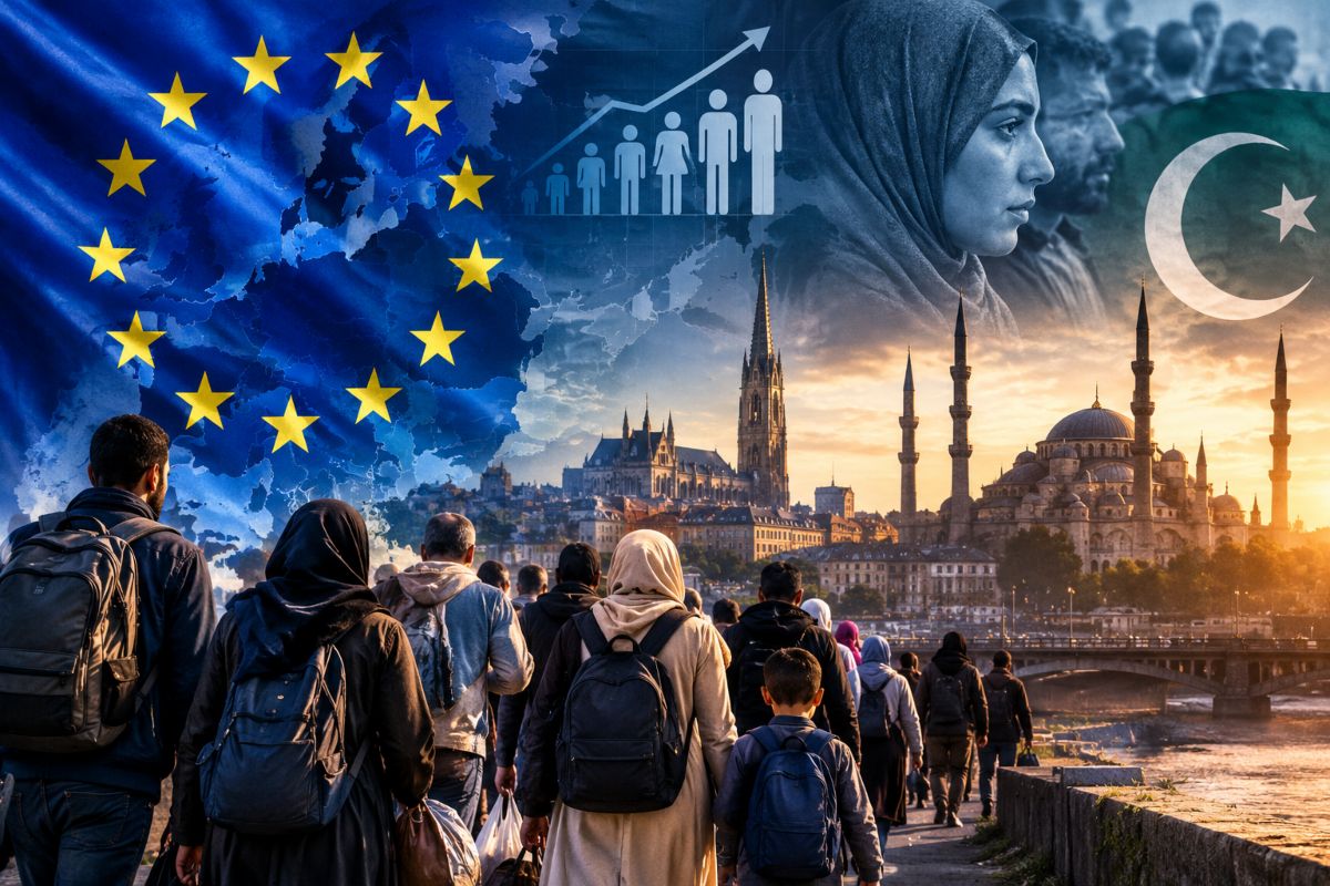Una multitud de personas camina de Medio Oriente a Europa. Construcciones históricas fondean la imagen 3:2, junto con las banderas de la UE y el islam.