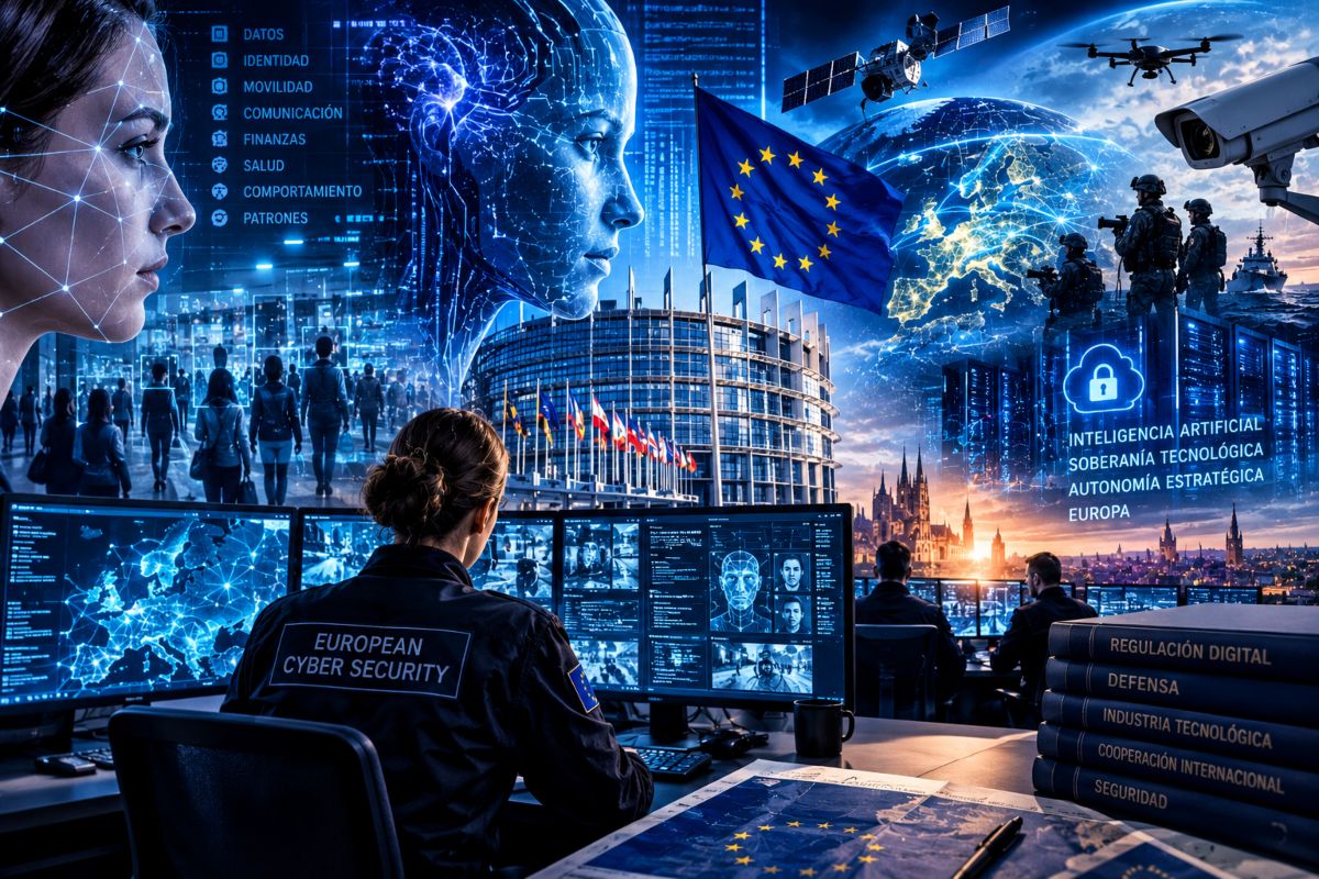 Centro de mando europeo controla operaciones de seguridad en un entorno digital, abarcando población civil, ejército terrestre y fuerzas espaciales.