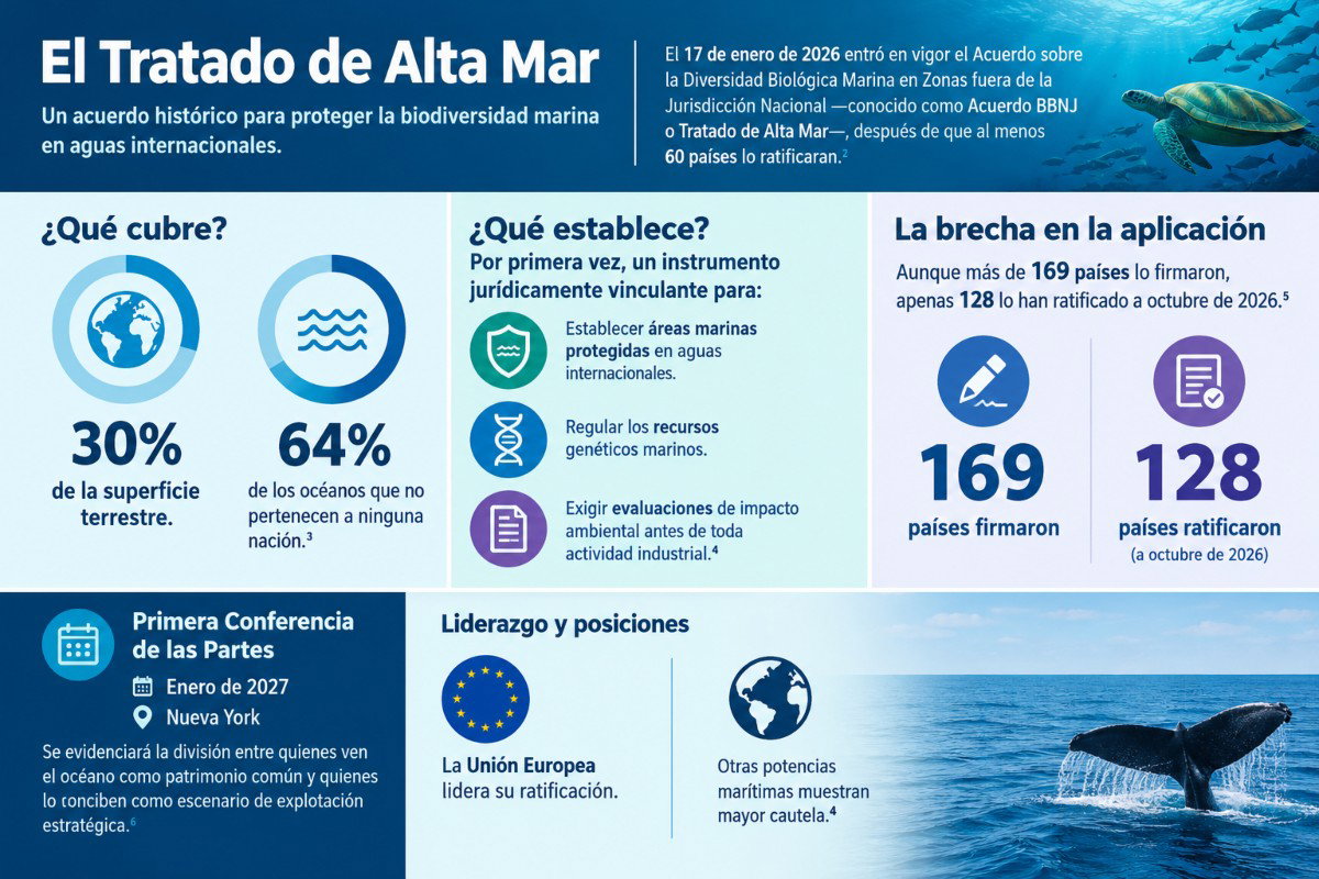 Infografía del Tratado de Alta Mar: alcance global, protección oceánica, 169 países firmantes y 128 ratificaciones.