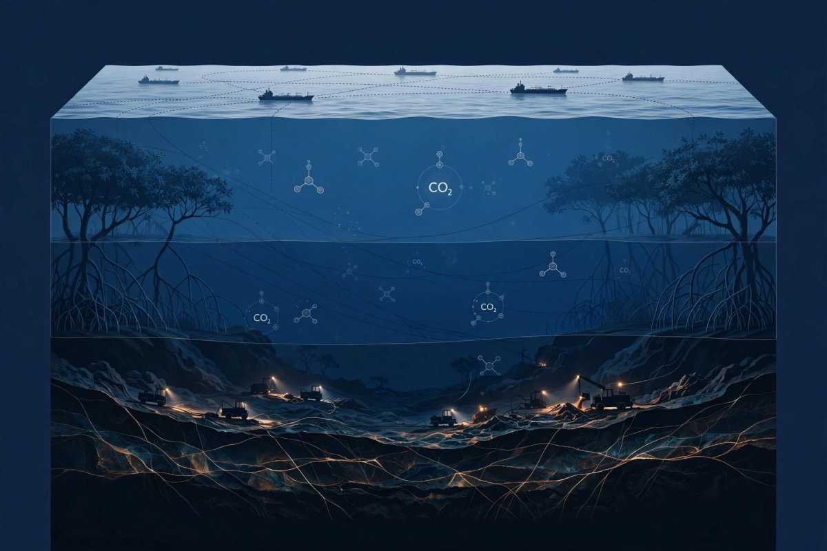 Un cubo representando al océano en capas, como pastel geológico de tres niveles. Simboliza el mar dejando de ser una sola ruta. 