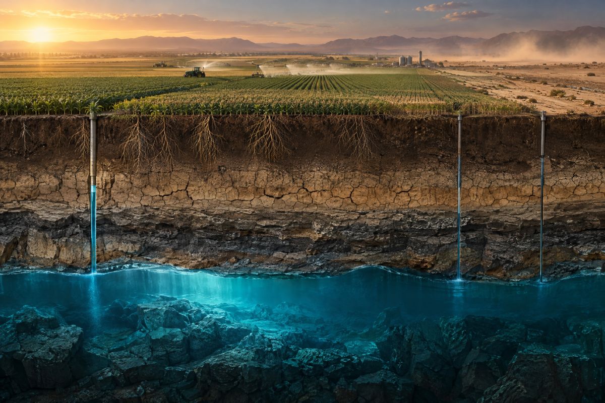 Imagen conceptual e hiperrealista que representa la importancia del agua subterránea en la producción de alimentos.