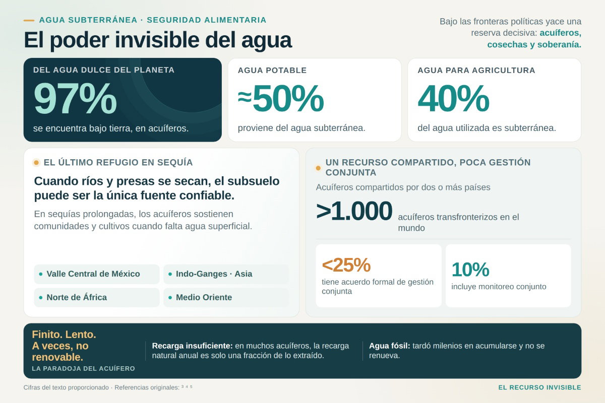 Infografía con datos estadísticos extraídos del artículo, formato 3:2, con el texto El poder invisible del agua.