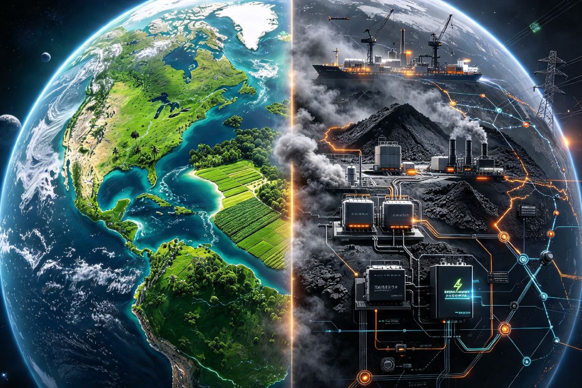 Metáfora del planeta dividido entre sistema orgánico-resiliente y sistema sintético-energético, dejando el espacio negativo central como disputa geopolítica.