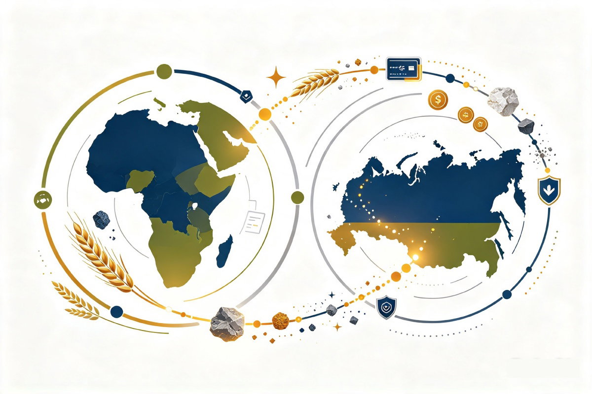 Conexión gráfica entre África y Rusia: mapas, rutas circulares, espigas de trigo, monedas, minerales e iconos de seguridad y finanzas sobre fondo blanco.