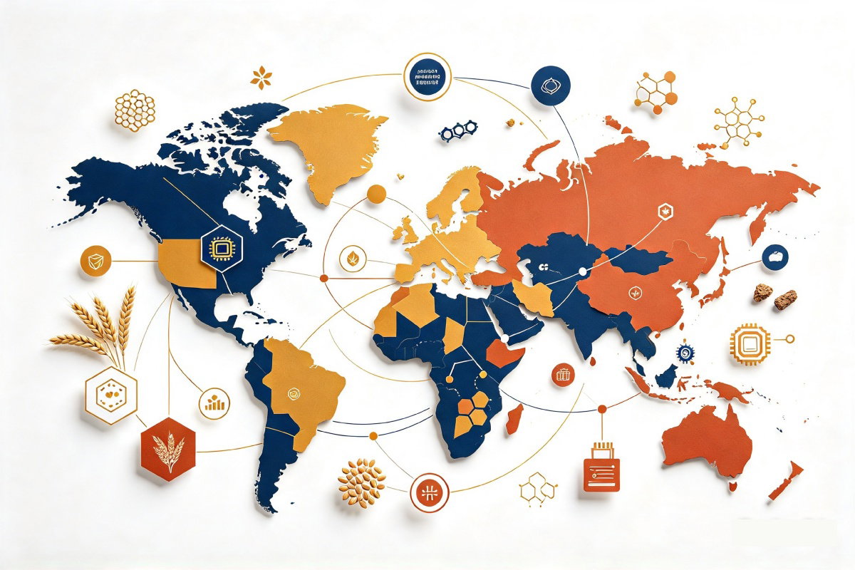 Mapa mundial estilizado: África y Rusia conectadas por redes, con iconos de trigo, minerales, tecnología y comercio en tonos azul, naranja y dorado sobre fondo blanco.