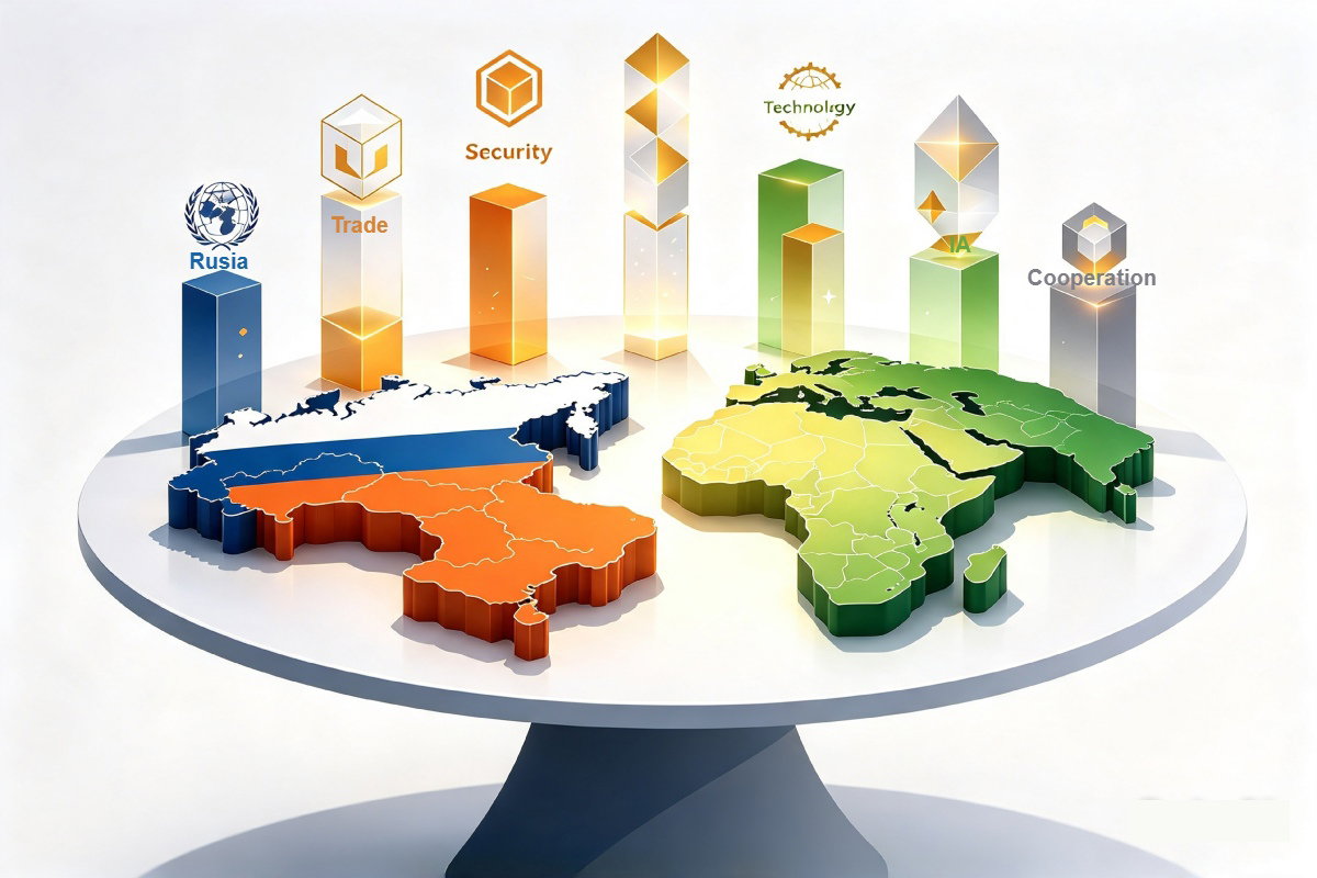 Tabla con mapas 3D de Rusia y África; columnas luminosas con iconos de comercio, seguridad, cooperación, tecnología y reforma sobre fondo claro.