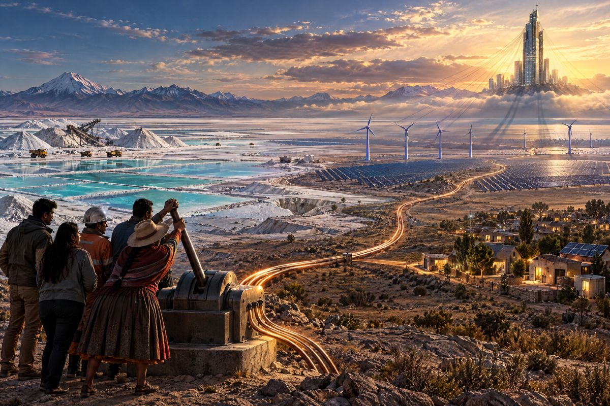 Paisaje del Sur Global: paneles solares y minas bajo hilos de poder, mientras una comunidad busca controlar su energía solar.