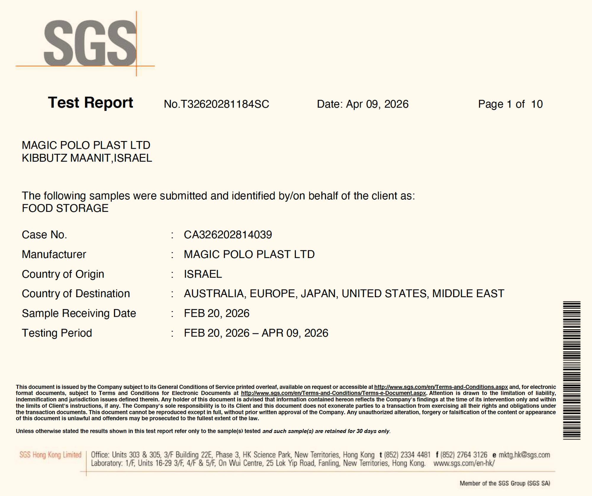 SGS - Food Storage - Food Safe