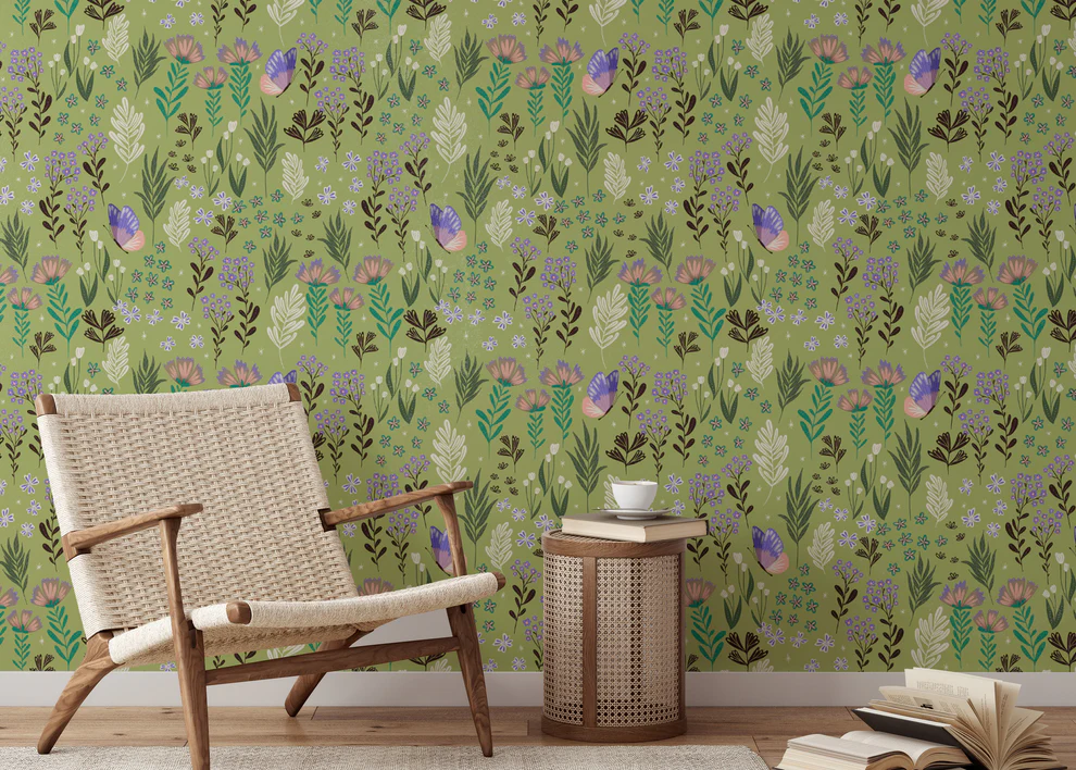 Butterfly Meadow Green Wallpaper