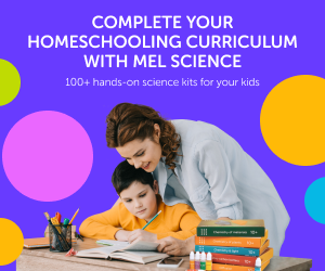 Banner displaying with mom and kid stating "Complete your homeschooling curriculum with MEL Science.