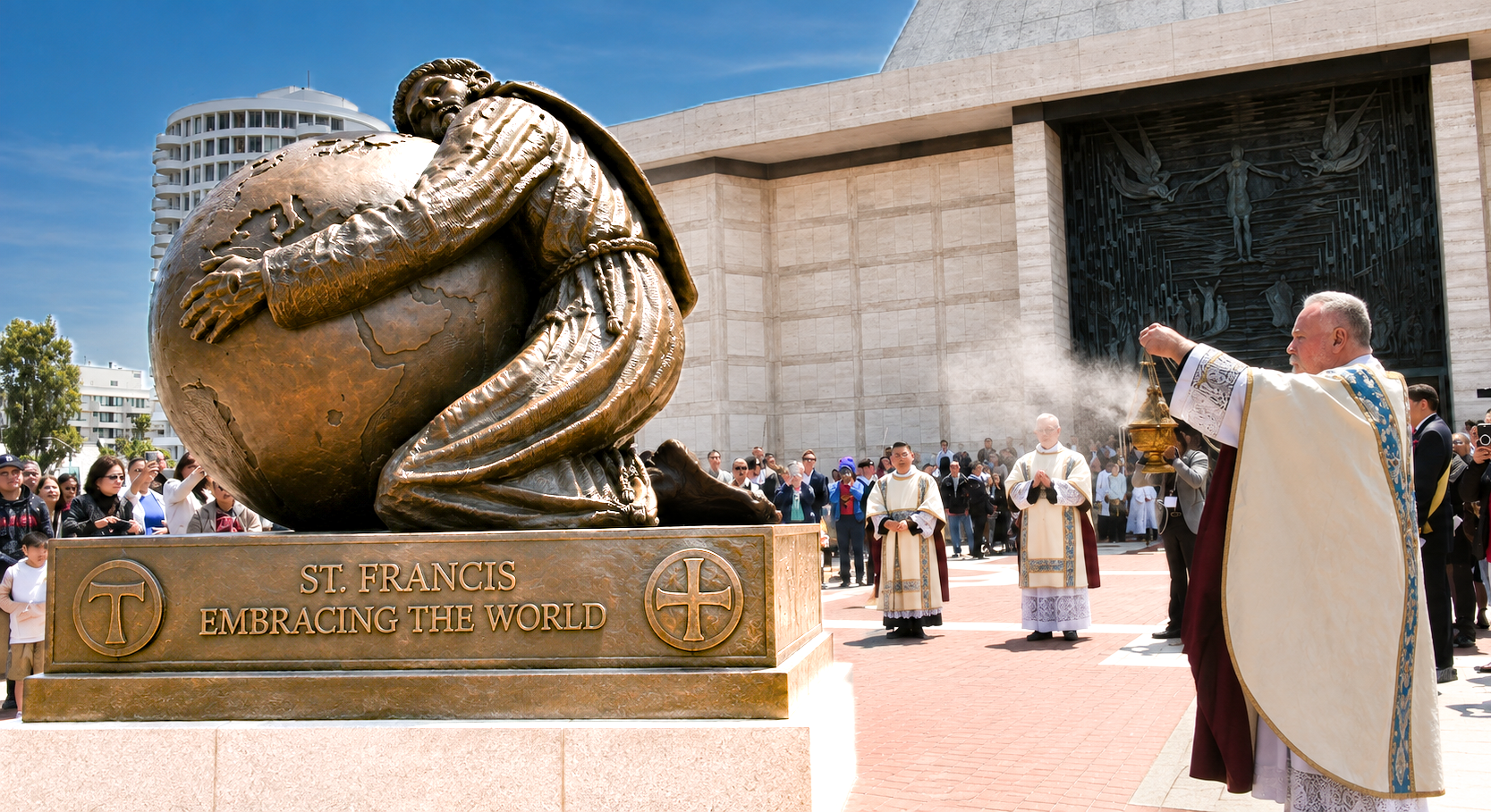 "St. Francis Embracing the World" sculpture at St. Mary of the Assumption Cathedral in San Francisco