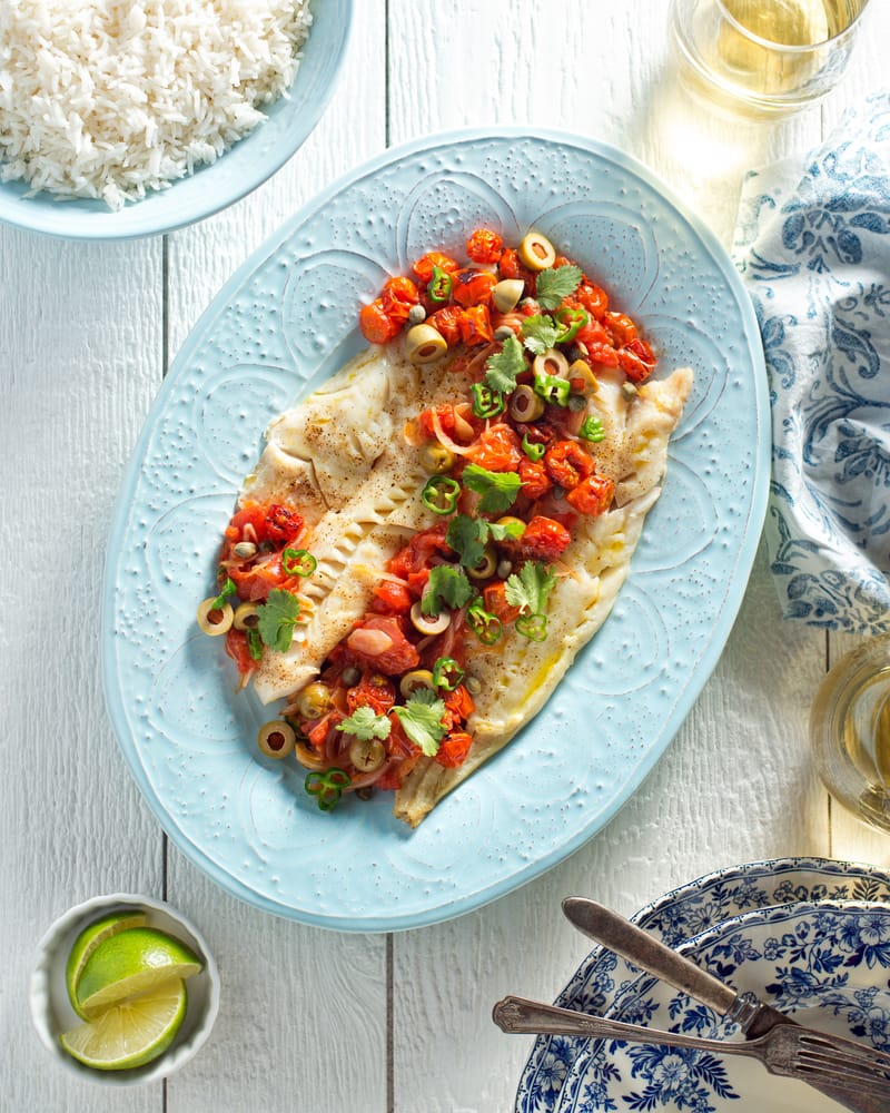 SOLE FILET WITH CAPERS OLIVES AND TOMATOES