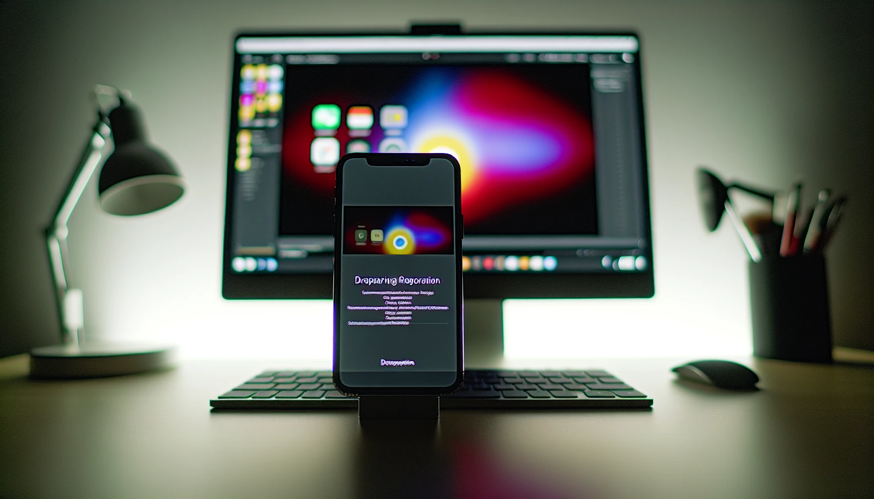 A photo of an iPhone and a computer with iCloud and iTunes logos