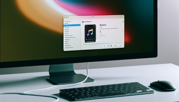 A photo of a computer screen with iTunes open and 'Restore' option selected