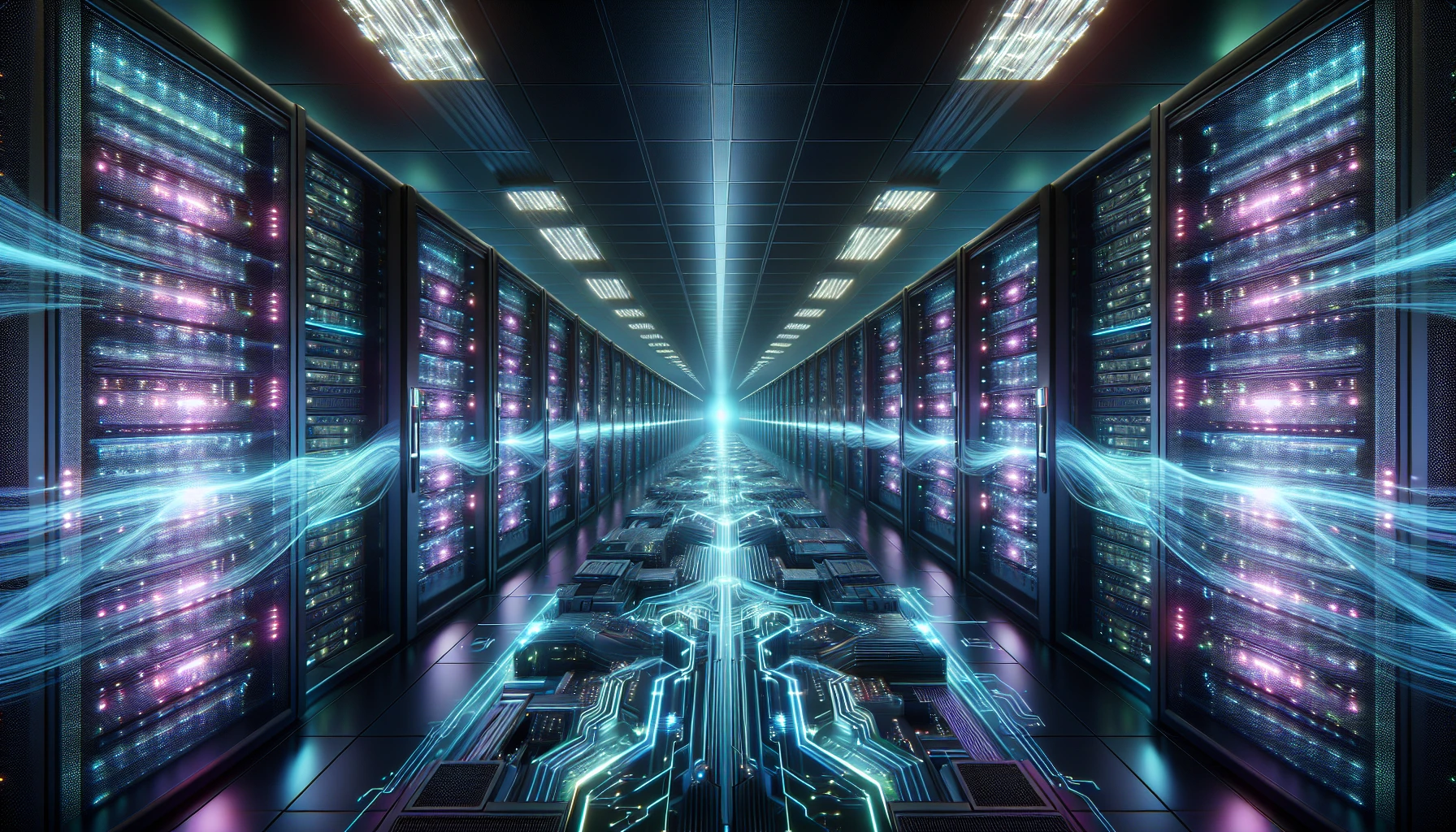 A futuristic AI server room with glowing lights and advanced technology. Best AI image generator.