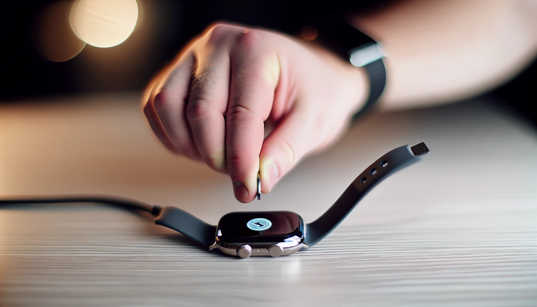 Aligning the magnetic charging cable with the back of the Apple Watch