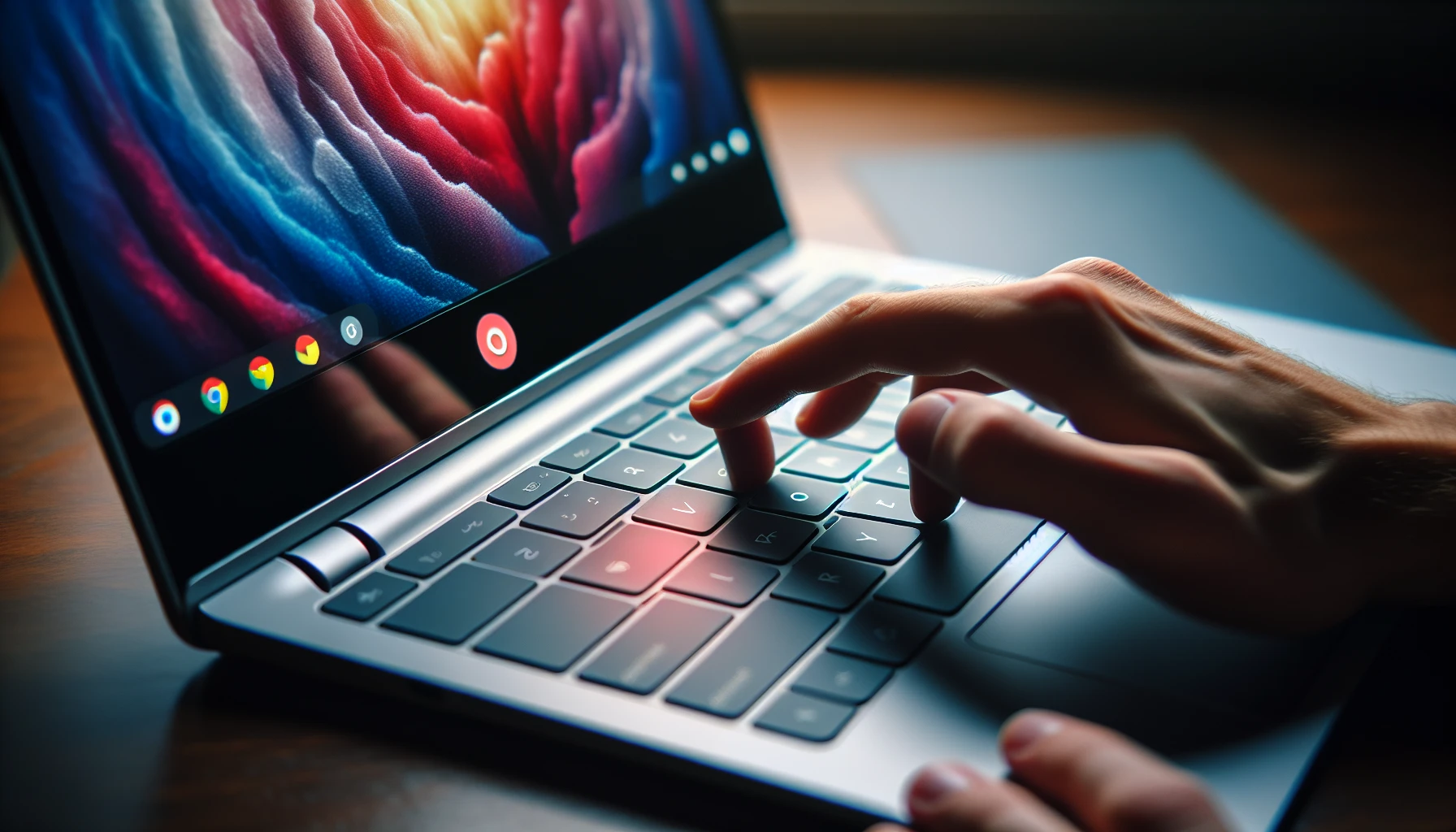 A person using keyboard shortcuts to take a full-screen screenshot on a Chromebook