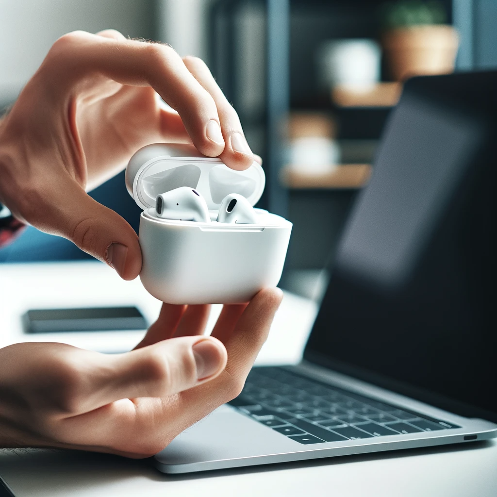 A person opening the AirPods case near a MacBook