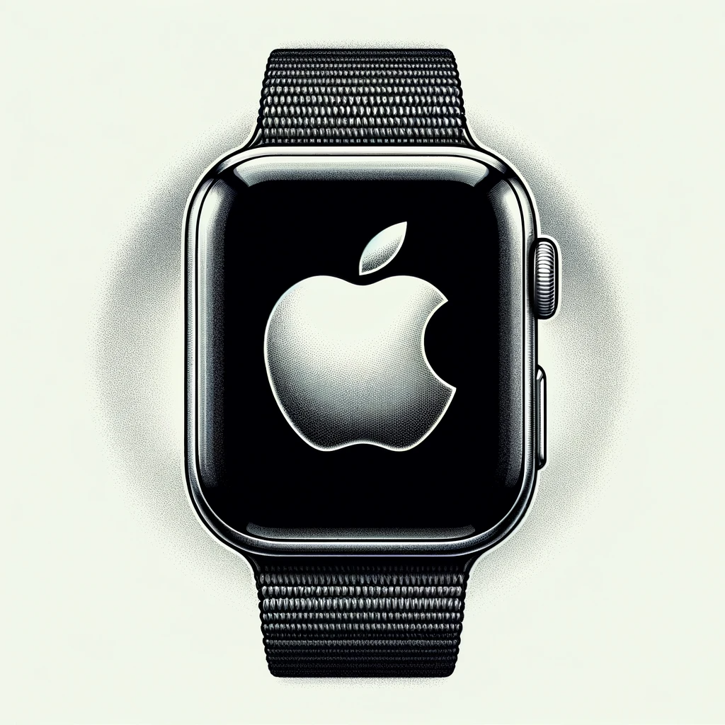 Illustration of an Apple Watch with the Apple logo appearing on the screen