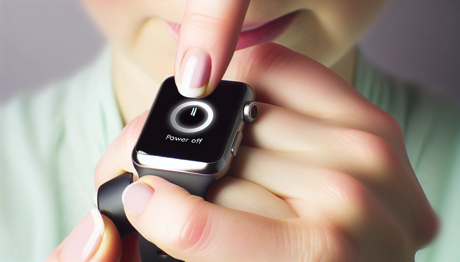 Photo of a person holding an Apple Watch in hand while restarting it