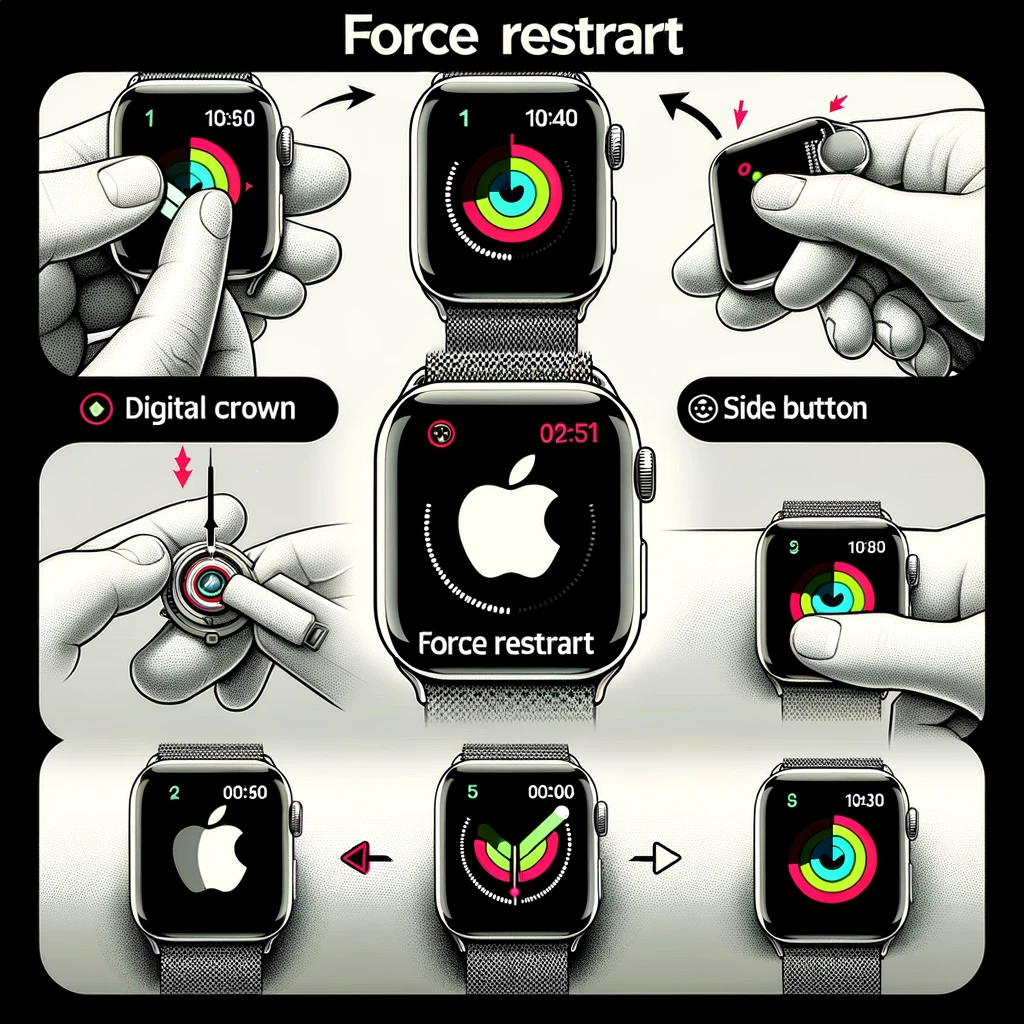 Illustration demonstrating the process of force restarting an Apple Watch