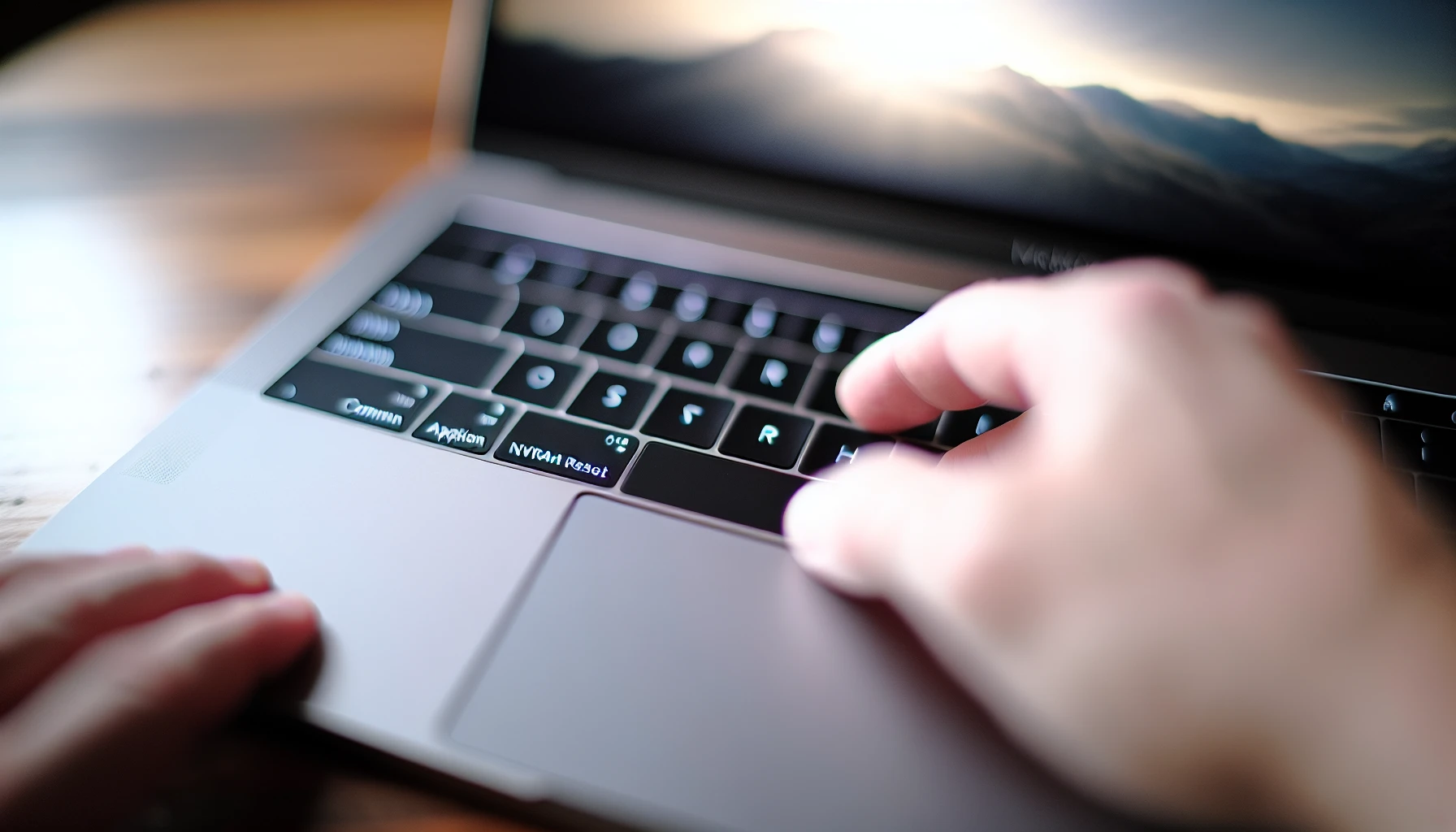 Hand pressing keys on MacBook Pro keyboard for NVRAM reset