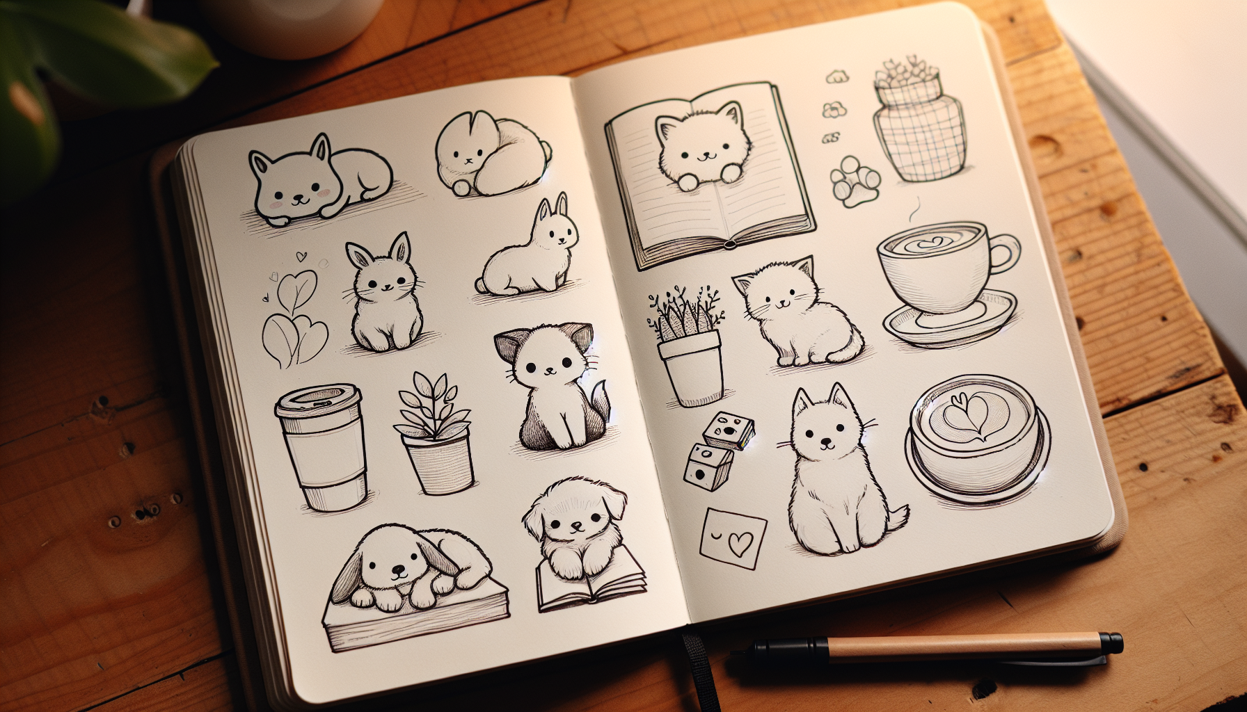 A sketchbook with simple line drawings of cute animals and easy things to draw