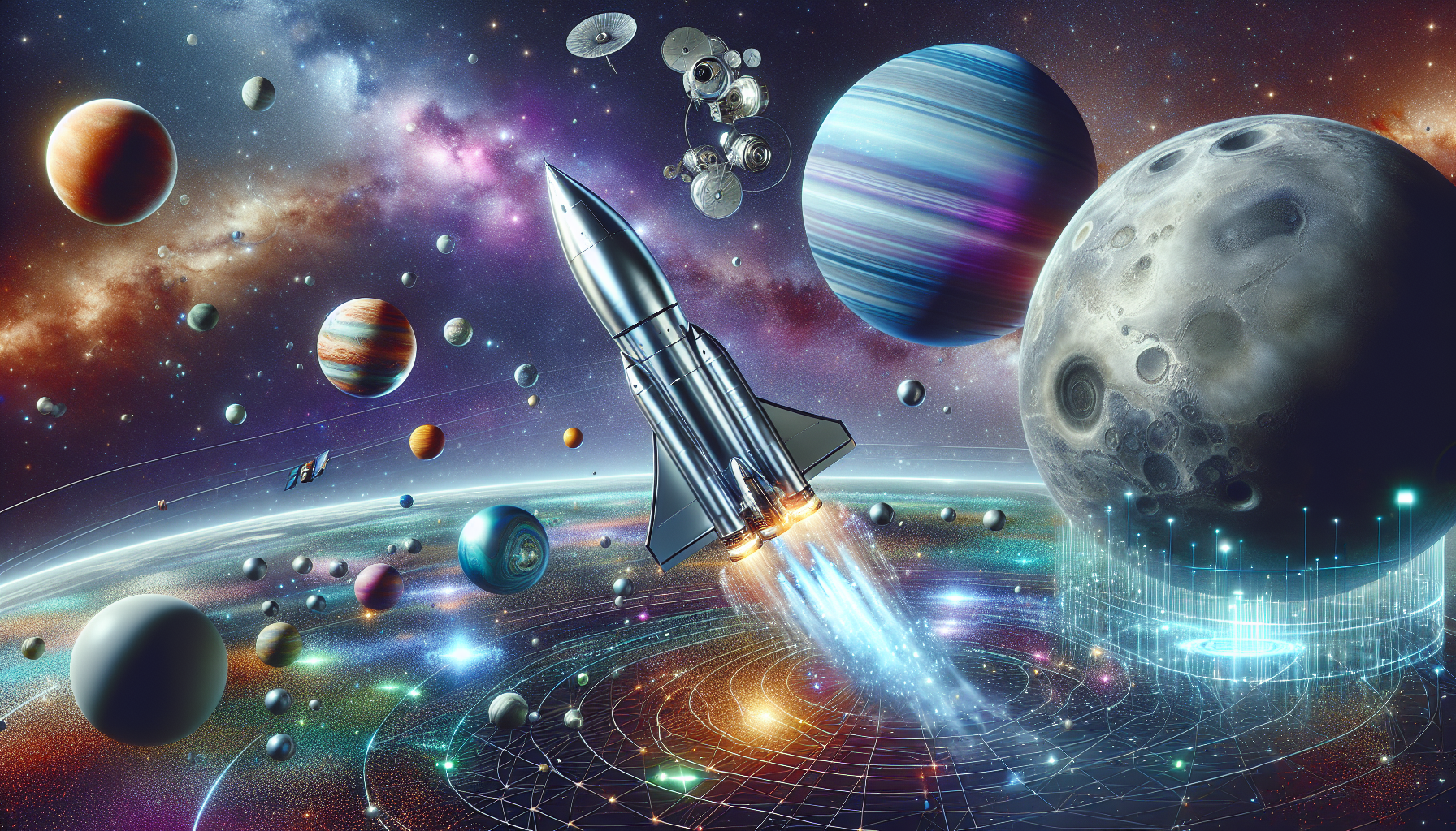 An artistic representation of outer space with a rocket ship and futuristic art