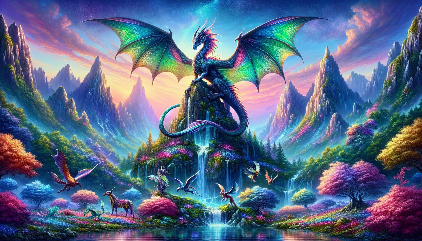 A mythical dragon illustration with magical landscapes and fantasy creatures