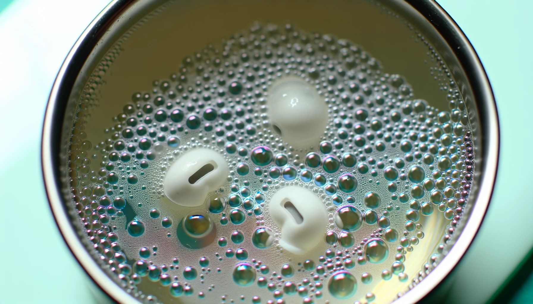 Silicone ear tips being soaked in warm soapy water