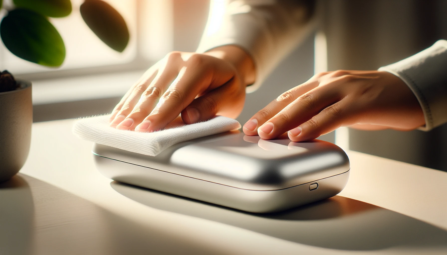 Wiping down the exterior of the charging case with a lint-free cloth