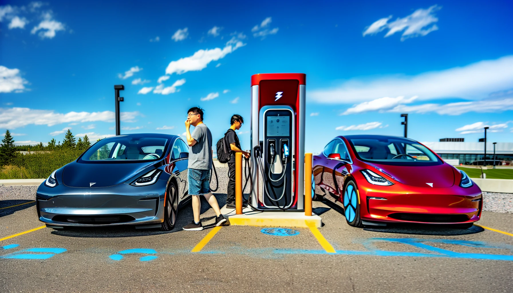 Tesla Model 3 and Model Y at charging stations