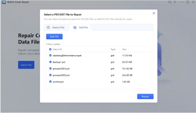 4DDiG Email Repair tool interface with a list of PST or OST files to be repaired