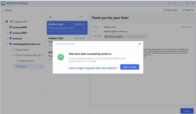 4DDiG Email Repair showing successfully saved files