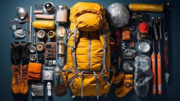 backpackers gear with medical equipment