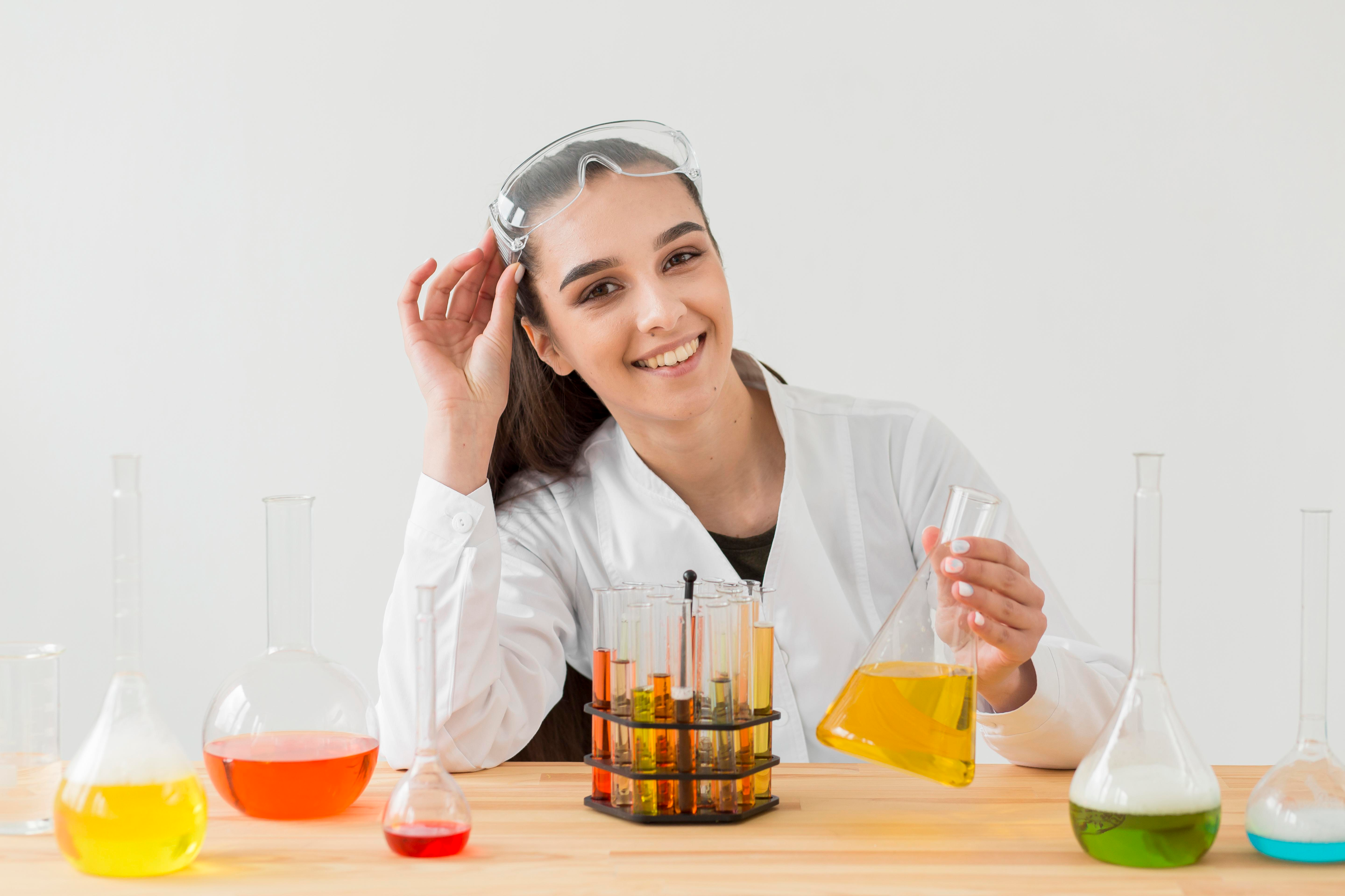 front view female scientist with potions