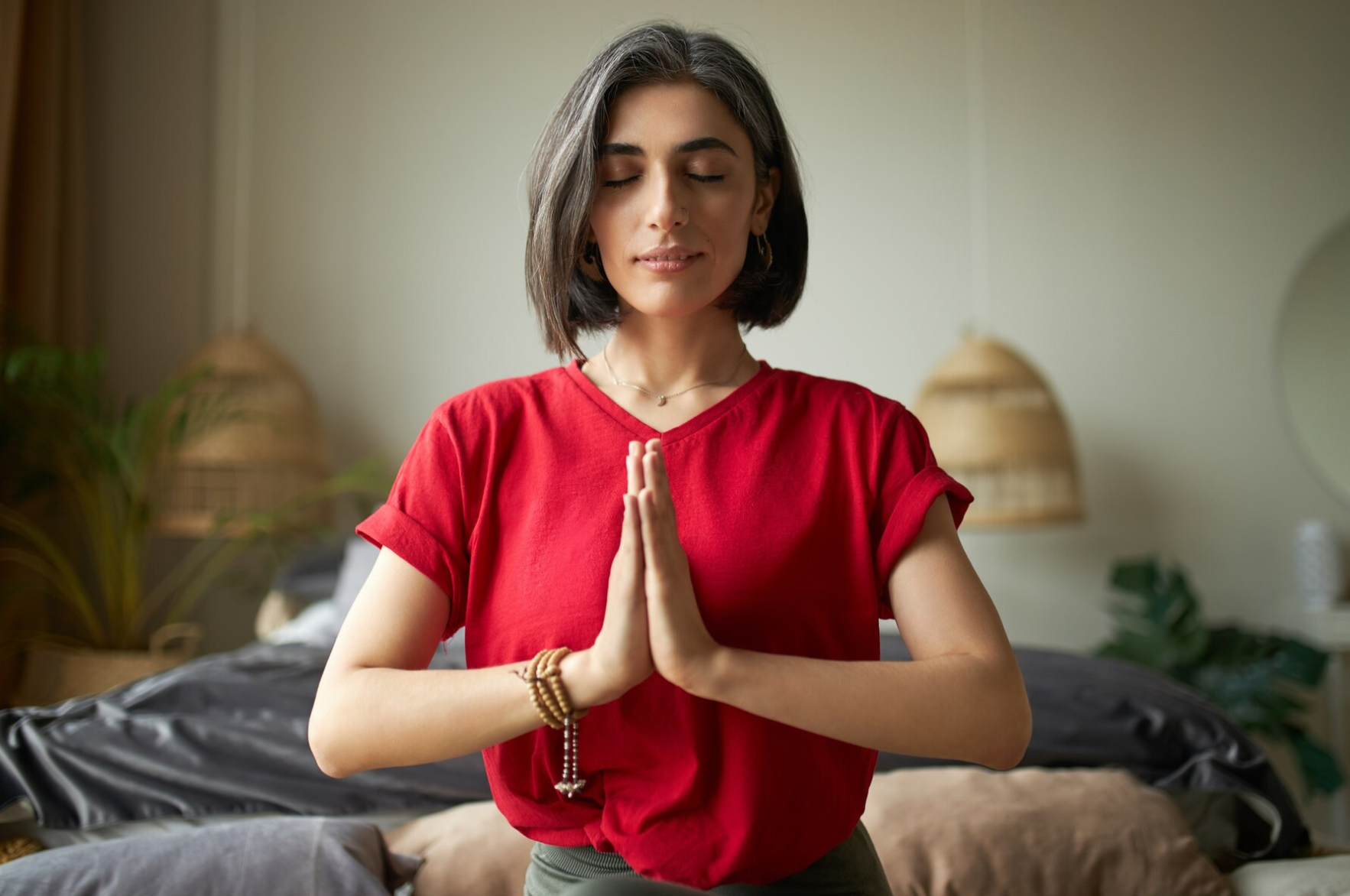 self awareness mindfulness concept young woman having premature graying meditating home with eyes closed