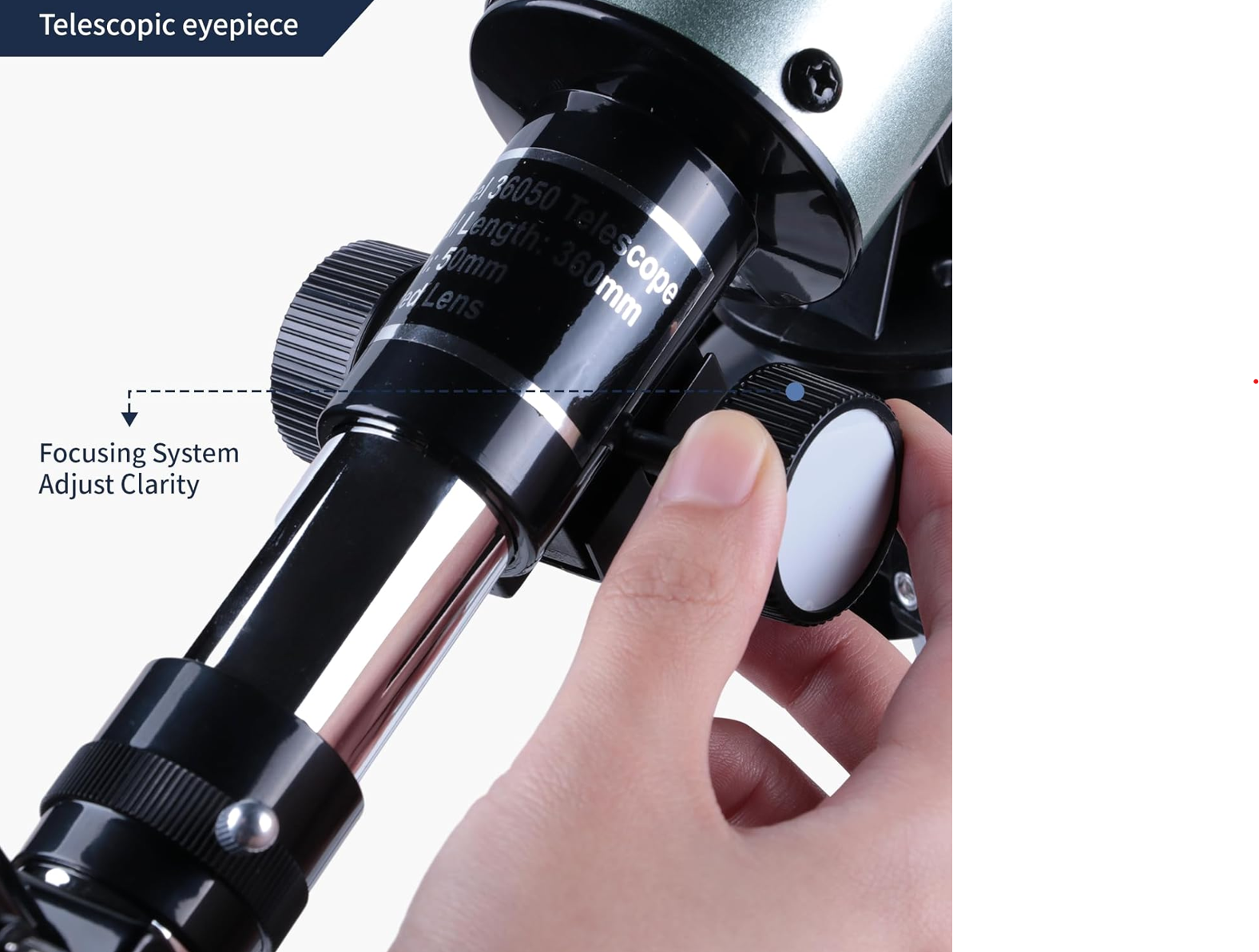 Close-up of a hand adjusting the focusing system on a telescopic eyepiece, with text indicating 'Focusing System Adjust Clarity.